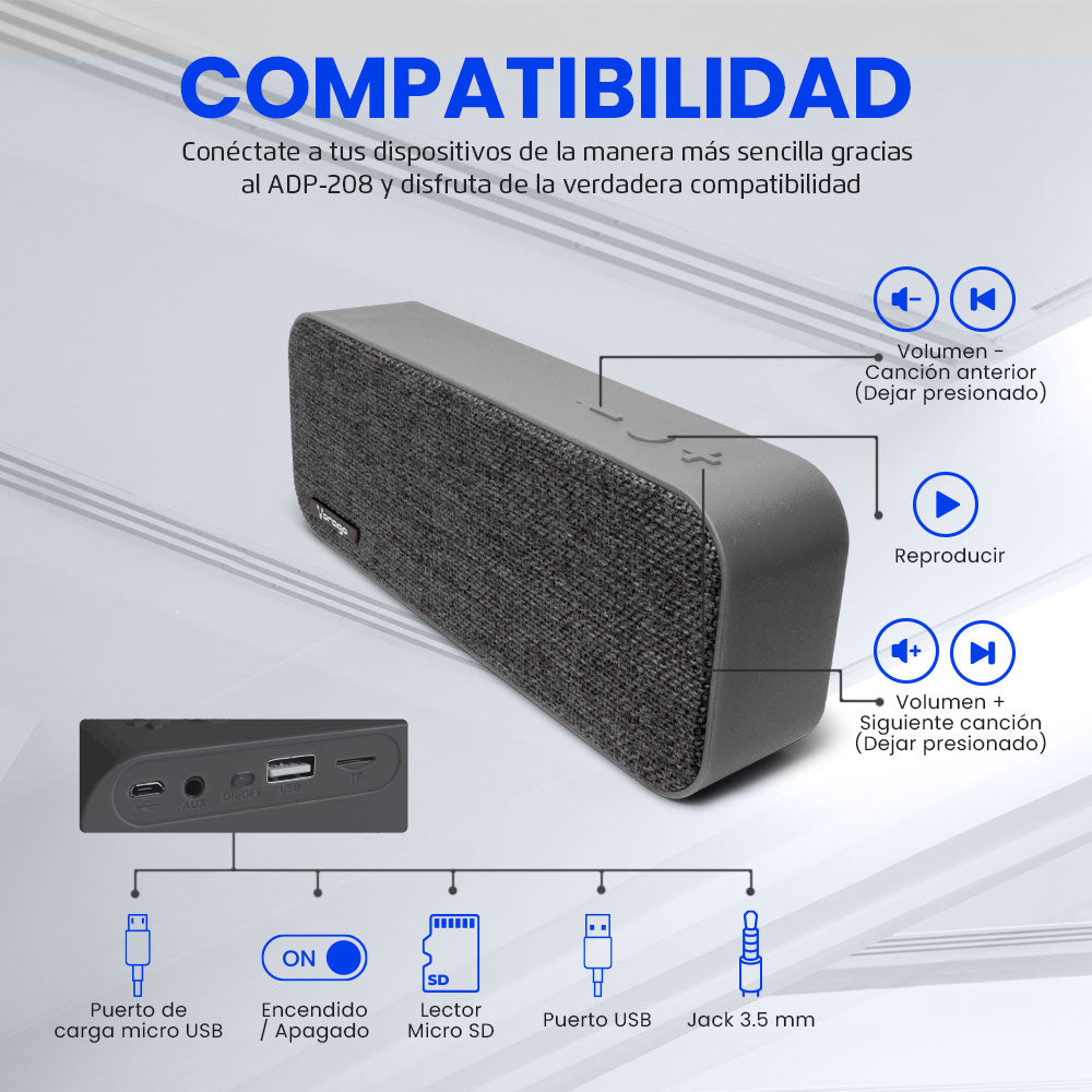 BOCINA VORAGO BLUETOOTH / MSD / USB / 3.5MM TELA GRIS BSP-150 GRY