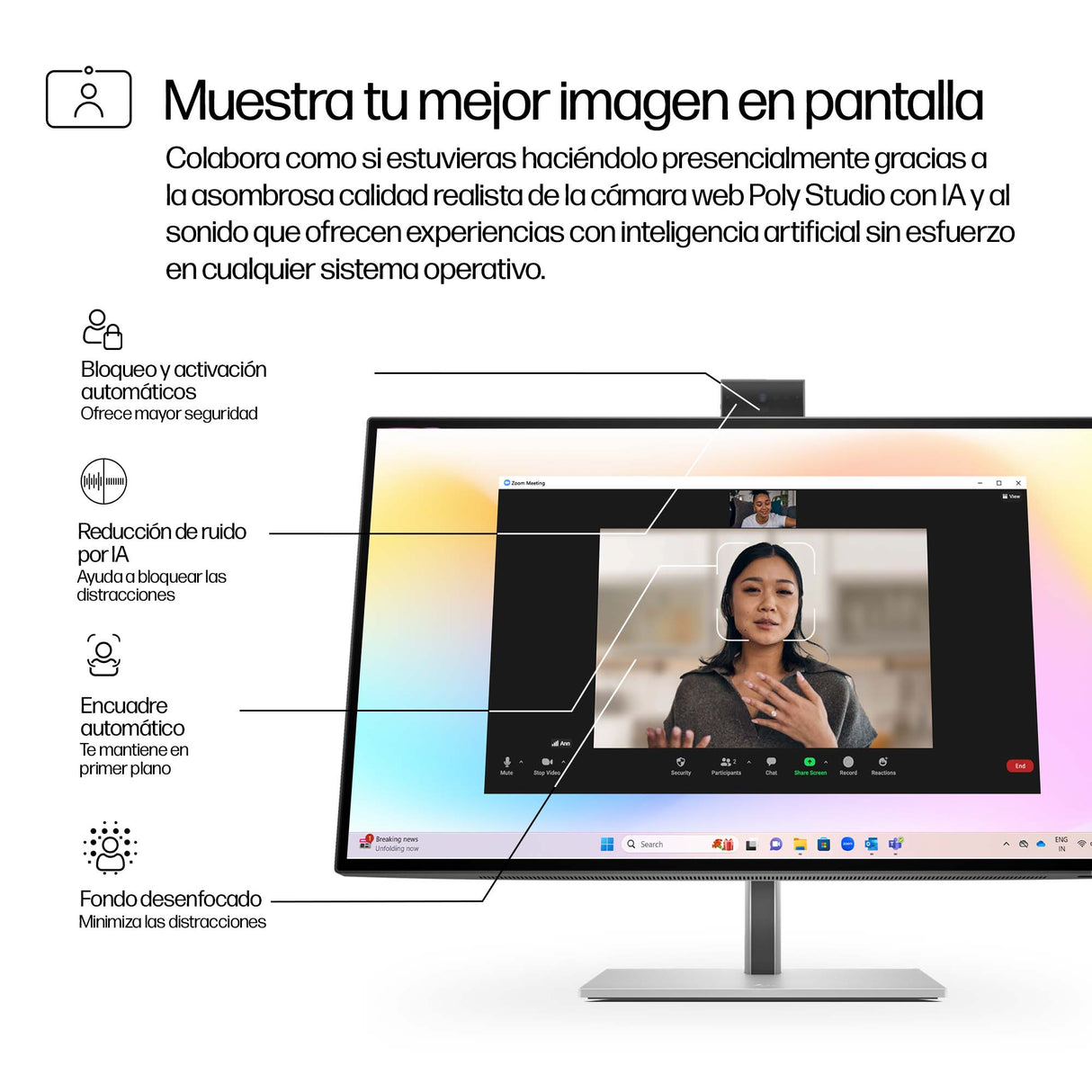 HP Monitor de videoconferencia 4K HP Pro de la serie 7 de 27 pulgadas: 727pm Monitor 68,6 cm (27") 3840 x 2160 Pixeles 4K Ultra HD Edge LED Negro