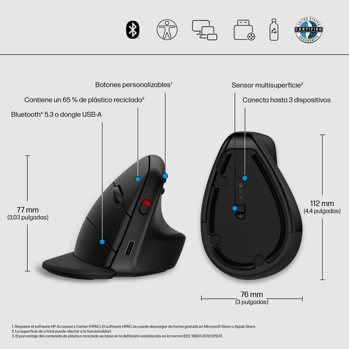 HP Ratón vertical ergonómico HP 925 Ratón Oficina RF Wireless + Bluetooth 4000 DPI Rueda