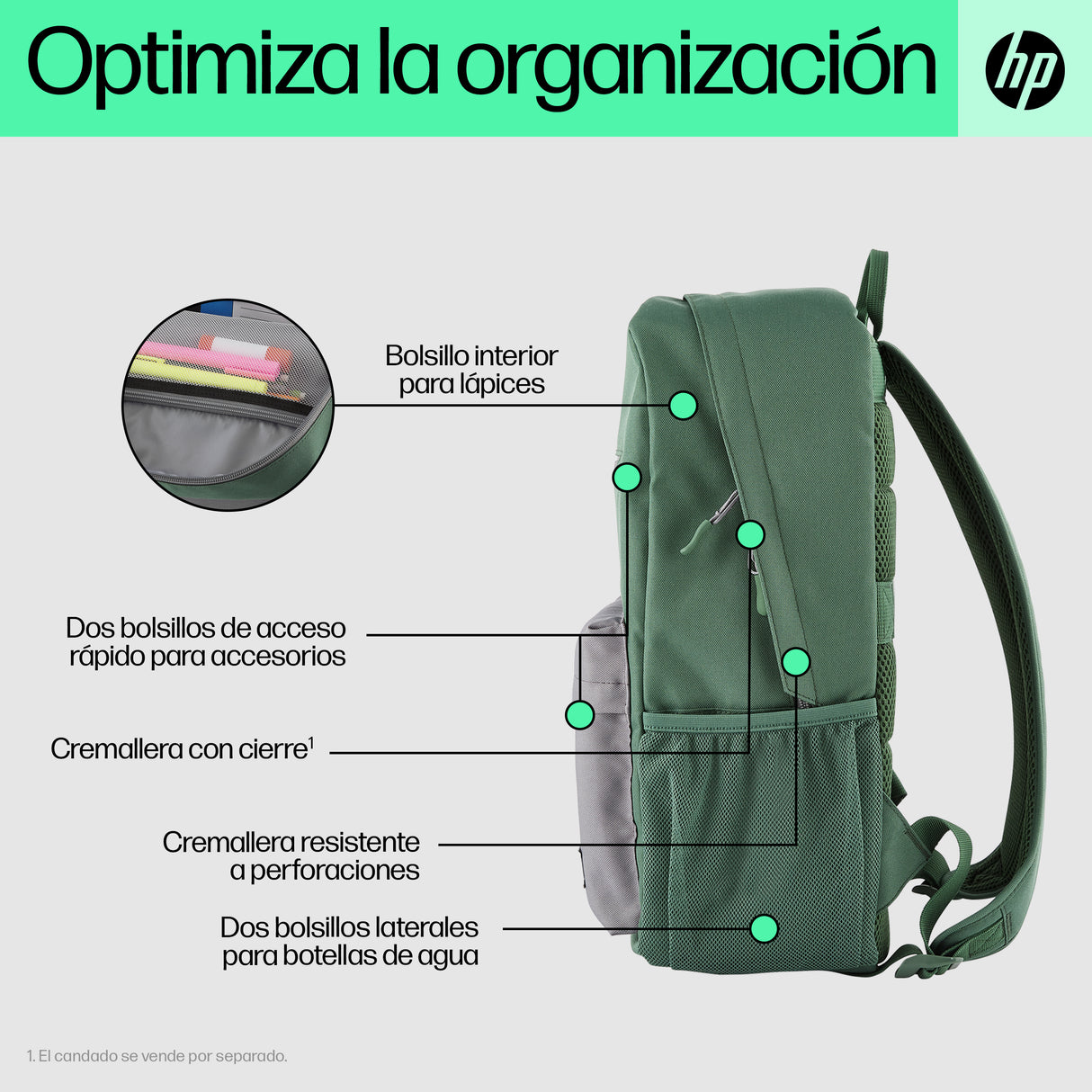 HP Mochila HP Campus verde Laptop Gray; Green 39,6 cm (15.6") Mochila Poliéster, Poliespuma