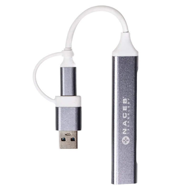 Naceb Technology NA-0124 nodo concentrador USB Tipo C Plata, Aluminio, Elastómero termoplástico (TPE), 0.011 m