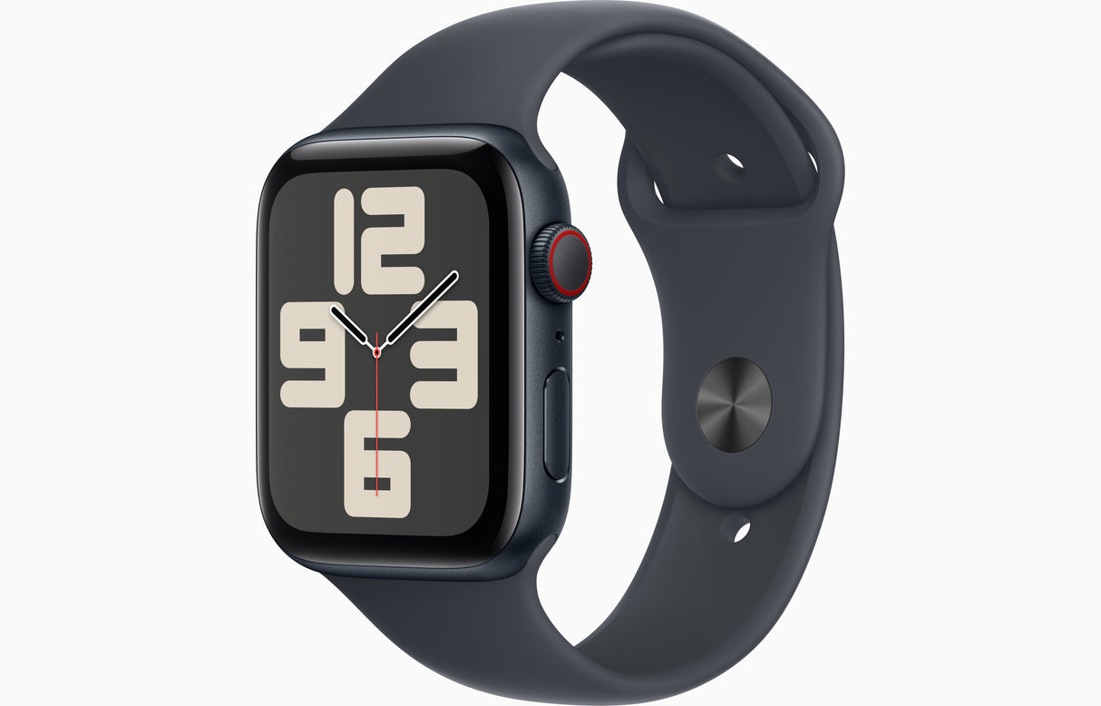 Apple Watch SE GPS + Cellular, Caja de aluminio color medianoche de 44 mm, Correa deportiva color medianoche - M/L