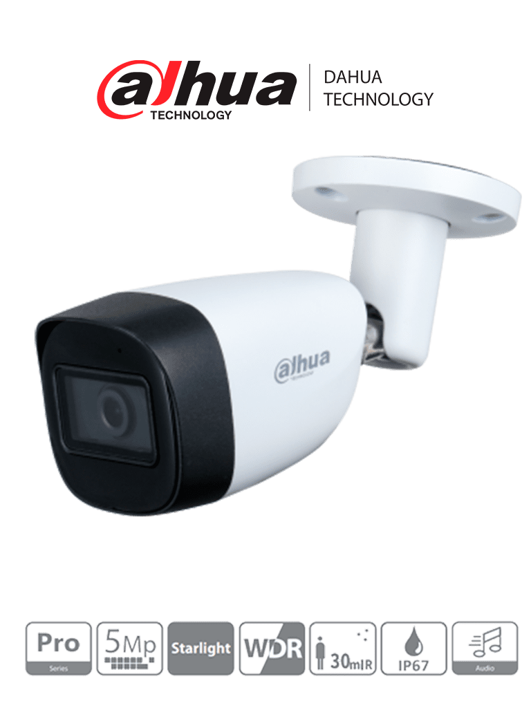 Dahua Hfw2501cm-a - cámara ballet de 5 megapíxeles/ serie pro/ lente 3.6mm/ 92 grados de apertura/ micrófono integrado/ ir de 30 metros/ wdr 120db/ 3d nr/ ip67 DH-HAC-HFW2501CMN-A