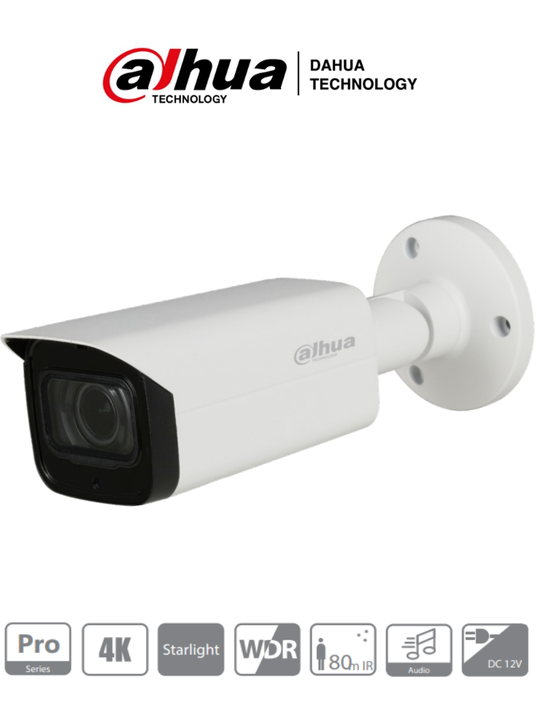 Cámara Bullet Dahua 4K Starlight 8MP, Lente Motorizado 3.7-11mm, 0.005 Lux, WDR Real 120dB, IR 80mts, Micrófono Integrado, IP67