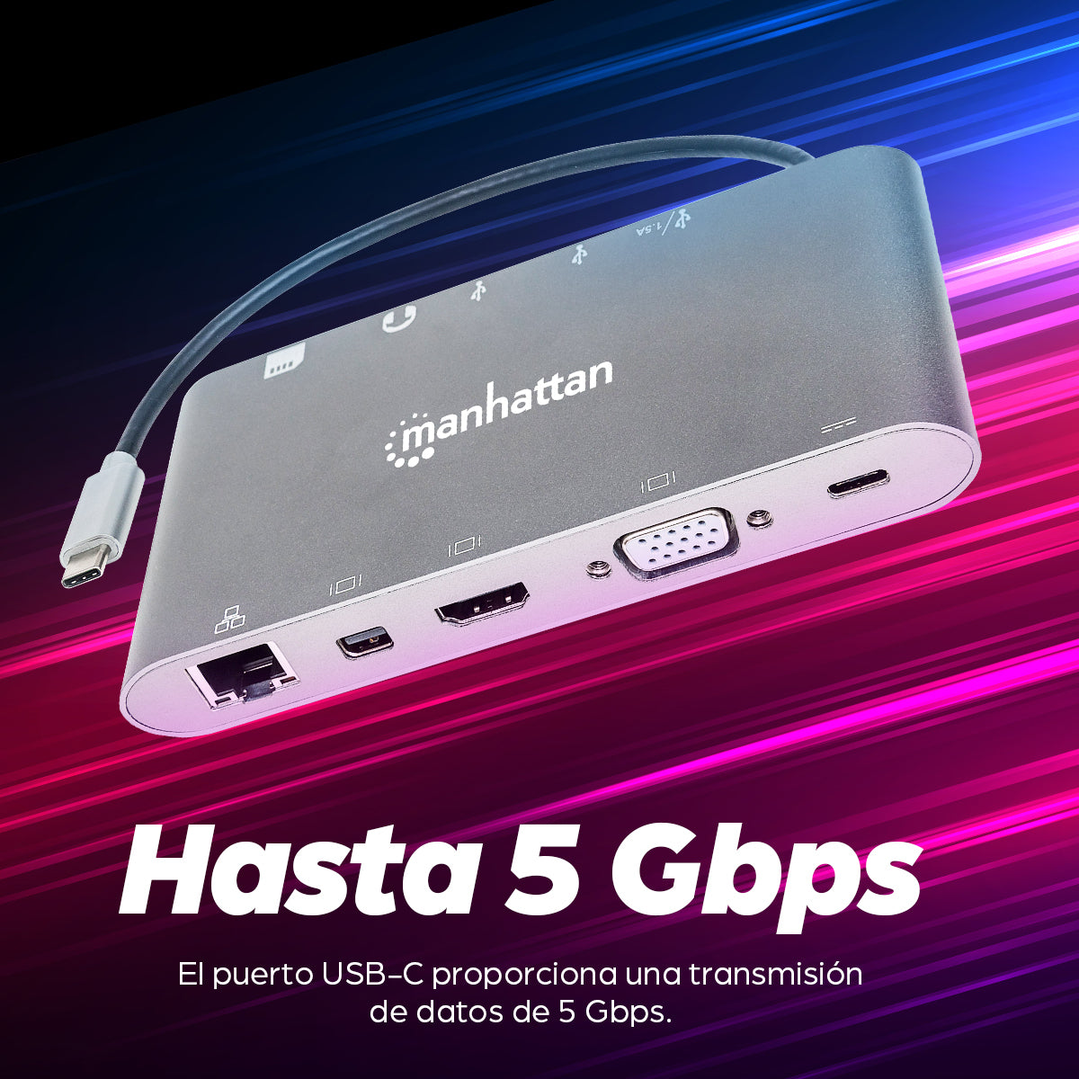 Manhattan Docking Station USB-C SuperVelocidad 7 en 1 Laptop Alámbrico USB 3.2 Gen 1 (3.1 Gen 1) Type-C 3 1