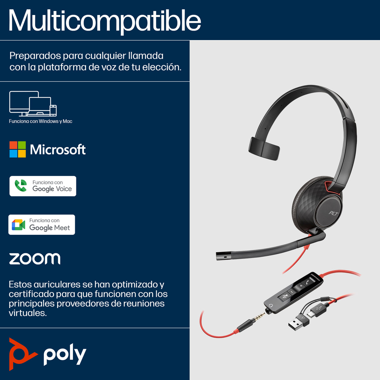 HP Poly Auriculares Poly Blackwire 5210 monaural USB-C + conector de 3,5 mm + adaptador USB-C/A Auriculares y Cascos Aur