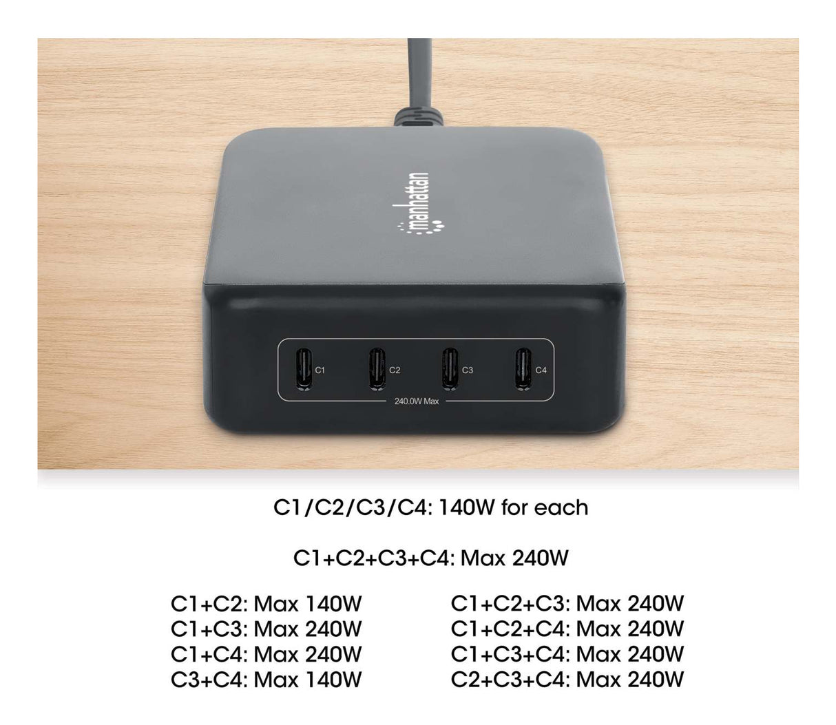 Manhattan Estación de carga GaN USB Power Delivery de 4 puertos, 240 W / PD 3.1, 4 puertos USB-C PD hasta 140 W por puerto, 240 W total, negro cargador de dispositivos móviles Corriente alterna 4 Si Interior