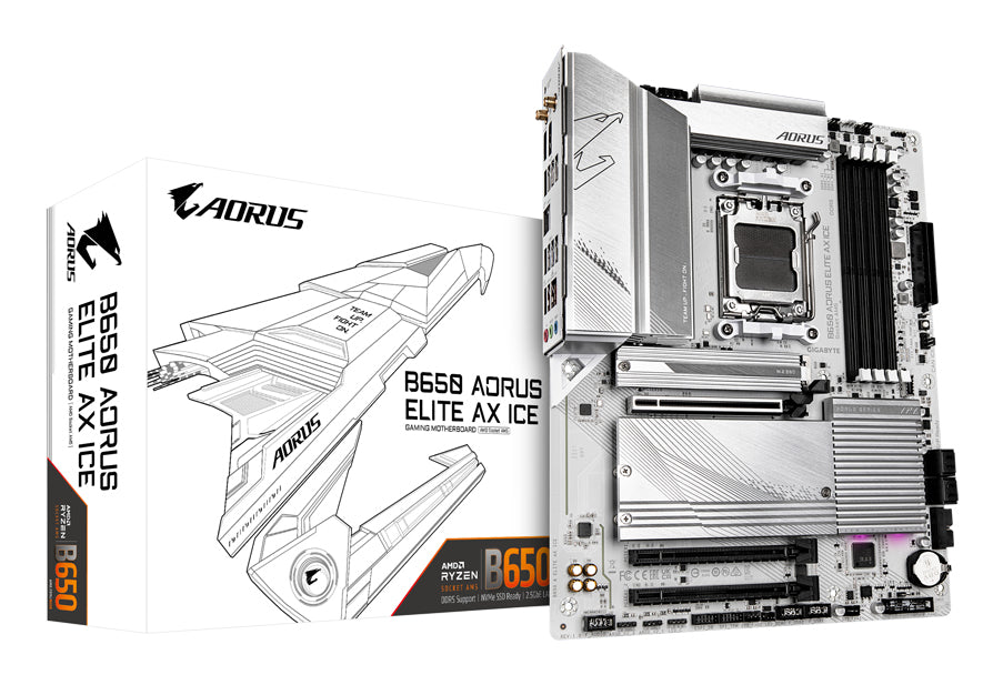 GIGABYTE B650 AORUS ELITE AX ICE Placa base - Compatible con procesadores AMD Ryzen 9000, VRM digital de 12+2+2 fases, hasta 8000 MHz DDR5 (OC), 1xPCIe 5.0 + 2xPCIe 4.0 M.2, Wi-Fi 6E, LAN 2.5GbE, USB 3.2 Gen 2x2 placas base AMD Zócalo AM5 1 Zócalo AM5