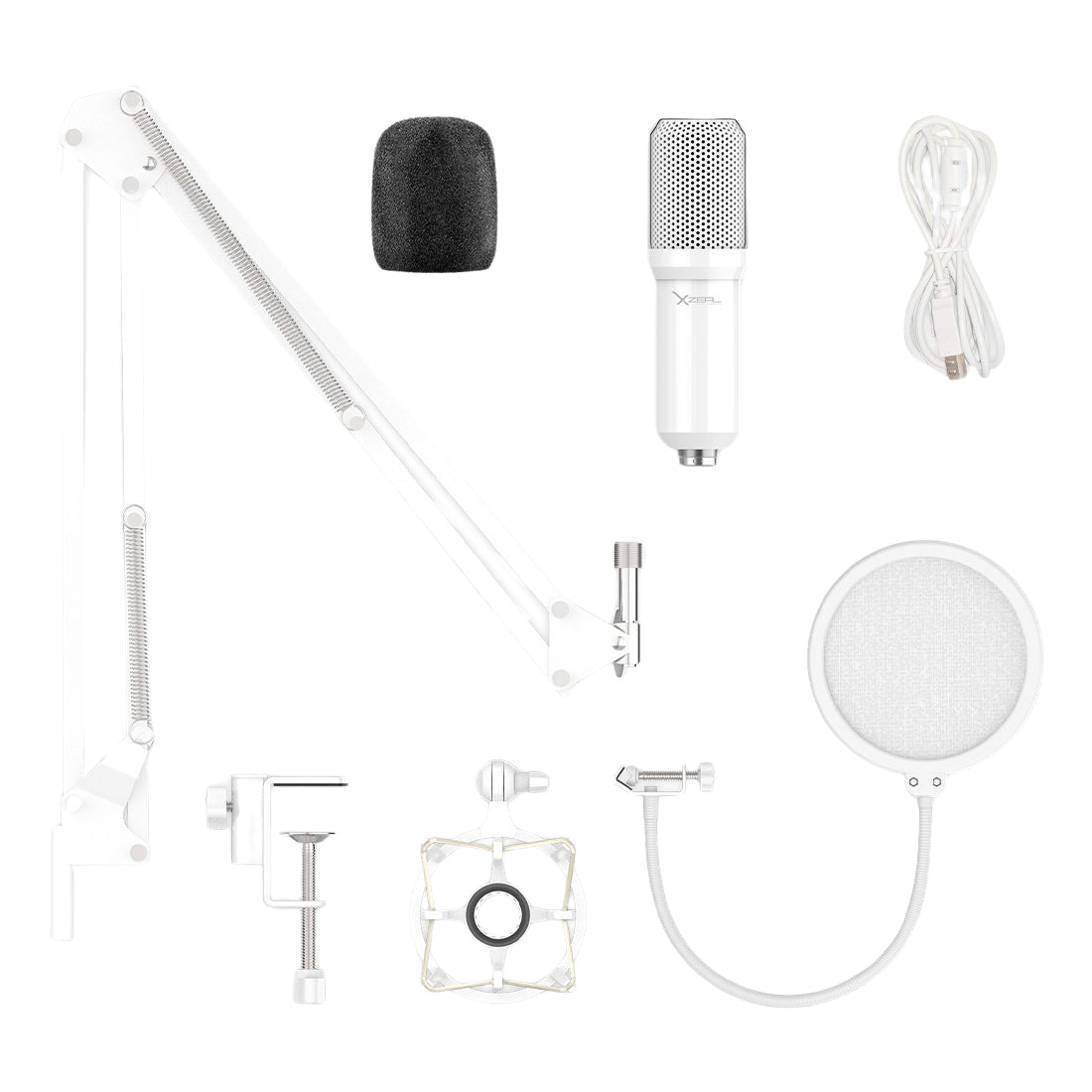 Kit de micrófono de condensador XZ-260 con filtro anti-pop soporte de brazo Conexión USB Blanco