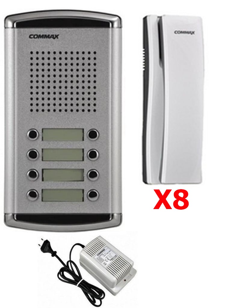 Kit de Frente de Calle COMMAX DR8AMAP para 8 Apartamentos con 8 Auriculares DPSS y Fuente de Energía RF1A 12VDC