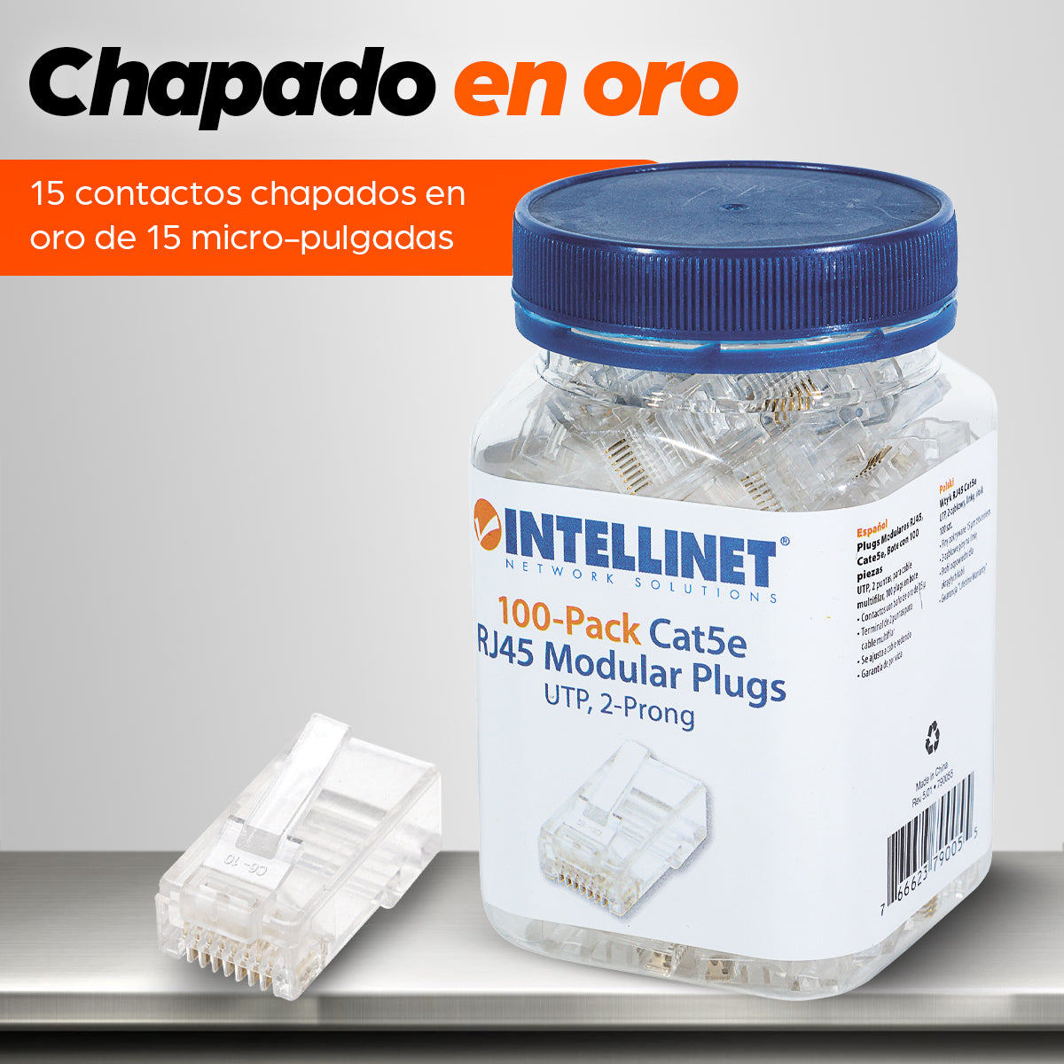 Intellinet PLUG RJ45 CAT5E MULTIFILAR UTP BOTE 100 PZAS ORO 15-MICRAS conectores RJ-45 Transparente Policarbonato Cat5e