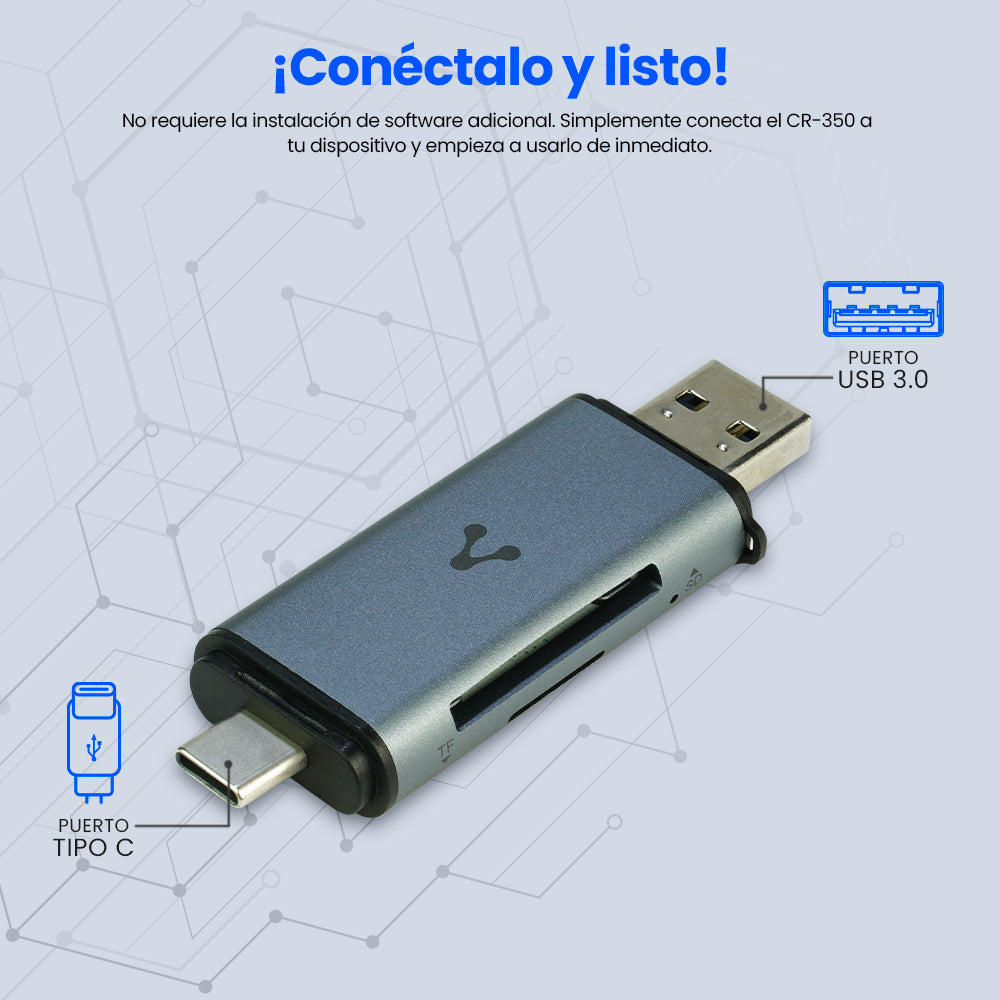 Vorago CR-350 lector de tarjeta USB 3.0 Type-A/Type-C Plata, MMC, MicroSD (TransFlash), SDHC
