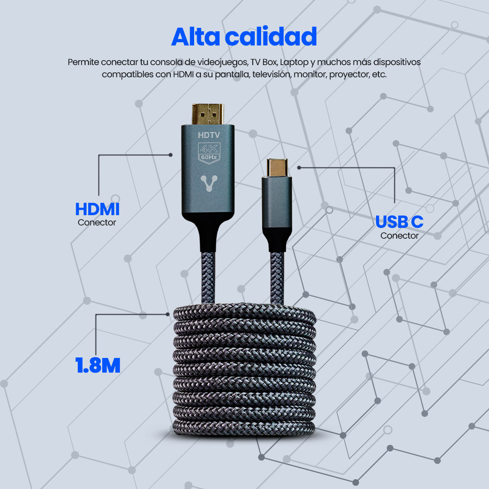 CABLE CONVERTIDOR VORAGO CAB-310 Tipo C A HDMI 4k 1.8 MT