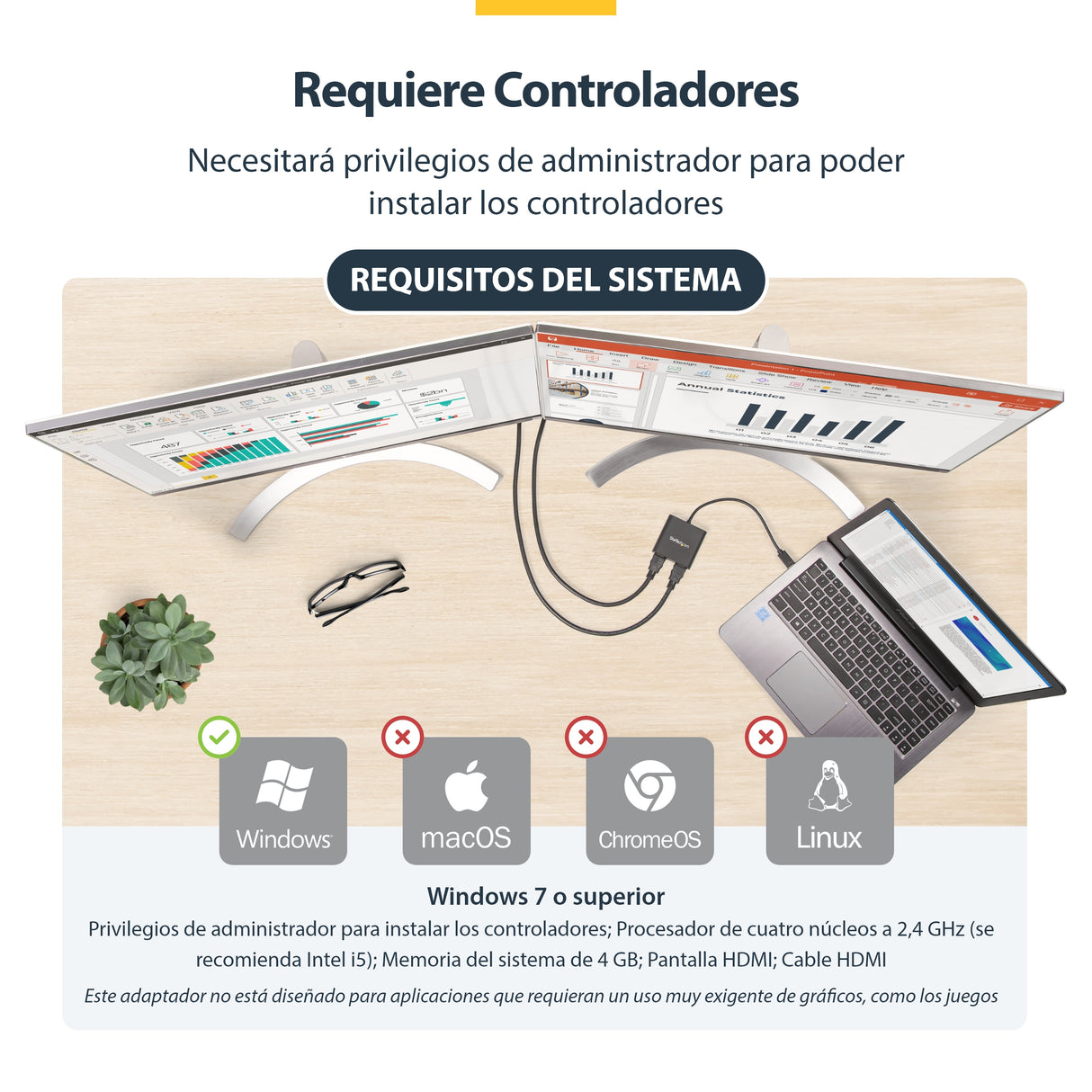 StarTech.com Adaptador USB 3.0 a HDMI Doble - 4K 30Hz adaptadores gráficos usb USB tipo A Macho 3.2 Gen 1 (3.1 Gen 1) Si