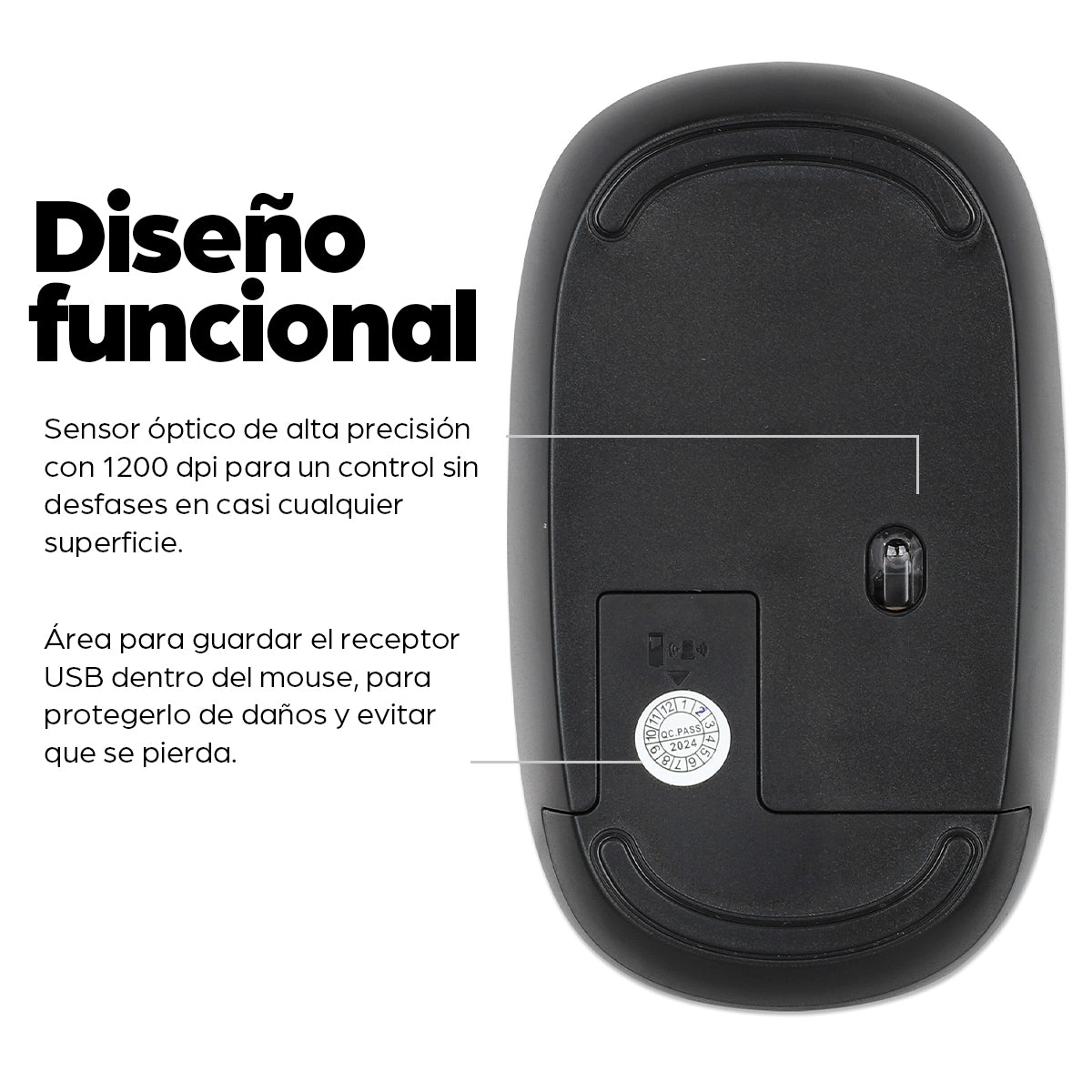 Manhattan Ratón óptico inalámbrico MW3050, negro, 1200 dpi, 2,4 GHz (hasta 10 m), USB, ambidiestro, 3 botones con rueda, receptor nano USB-A, pila AA incluida, base de baja fricción, garantía 3 años Ratón 1 Vertical Universal Óptico