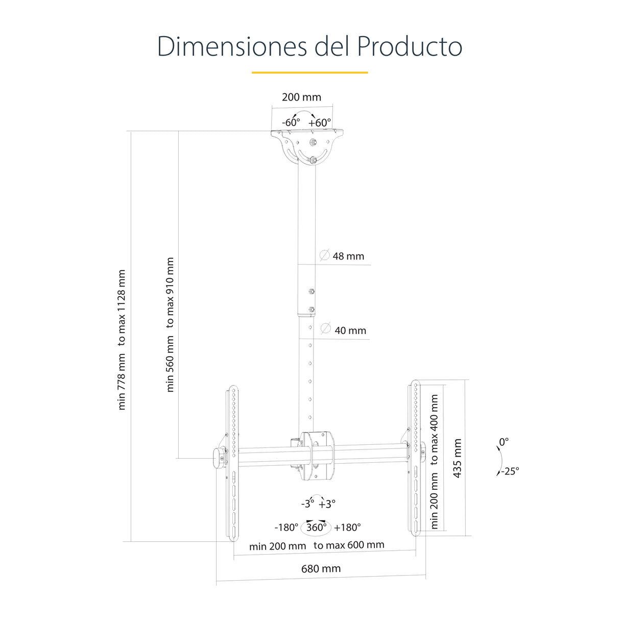 StarTech.com Soporte de Techo para TV - Soporte Universal de Cielo Raso para TV de Movimiento Total con Mástil Telescópi