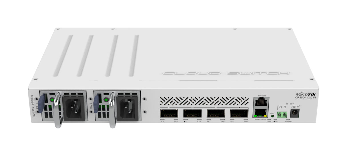 CRS504-4XQ-IN, Switch CPU 650MHz, 64MB RAM, 1 Eth 10/100, 4 QSFP28 100G, CA/CD y 802.3bt PoE-in, RouterOS