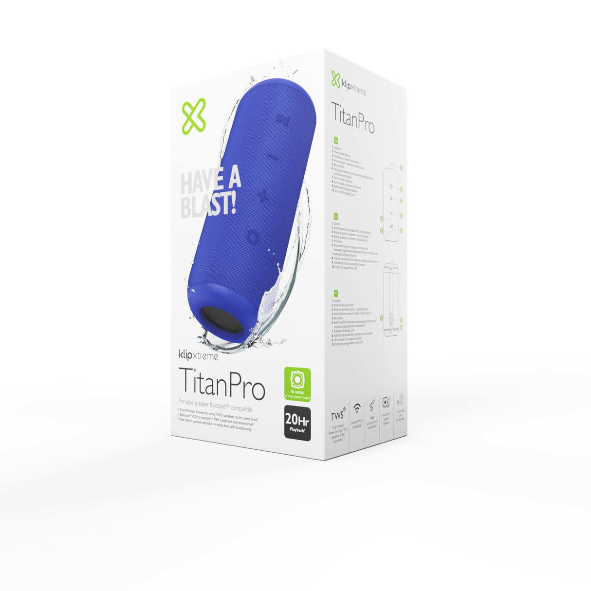 Klip Xtreme TitanPro Altavoz portátil estéreo Azul 16 W, 80 - 16000 Hz, 3 Ohmio