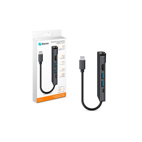 Steren USB-5295 base para laptop o replicador de puertos Alámbrico USB 3.2 Gen 1 (3.1 Gen 1) Type-C Gris, 100, 1000 Mbit/s, 3840 x 2160 Pixeles