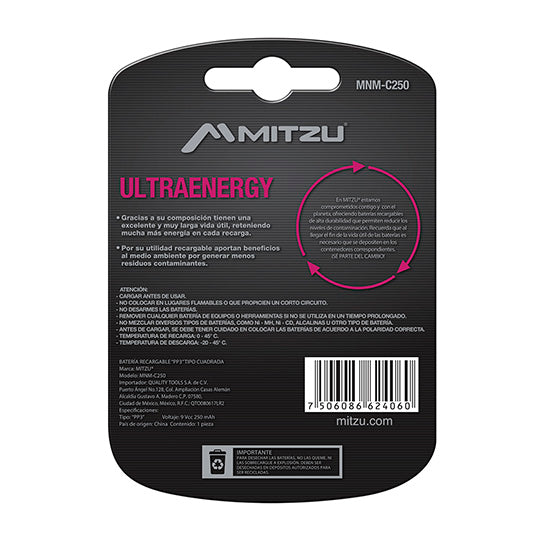 MITZU MNM-C250 pila de uso doméstico Batería recargable 9V Níquel-metal hidruro (NiMH), 1 pieza(s), 250 mAh