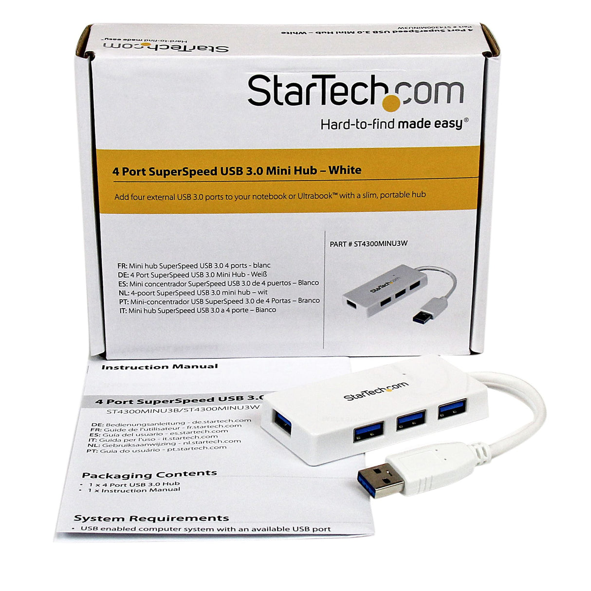 StarTech.com Adaptador Concentrador Hub Ladrón USB 3.0 (5Gbps) Super Speed para Laptop de 4 Puertos Salidas - Blanco hubs de interfaz USB 3.2 Gen 1 (3.1 Gen 1) Type-A USB 3.2 Gen 1 (3.1 Gen 1) Type-A 4 4