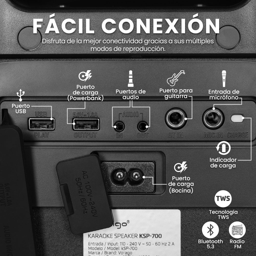 Vorago KSP-700 altavoz portátil y para fiesta Altavoz portátil estéreo Negro, Inalámbrico, Rectángulo, Botones