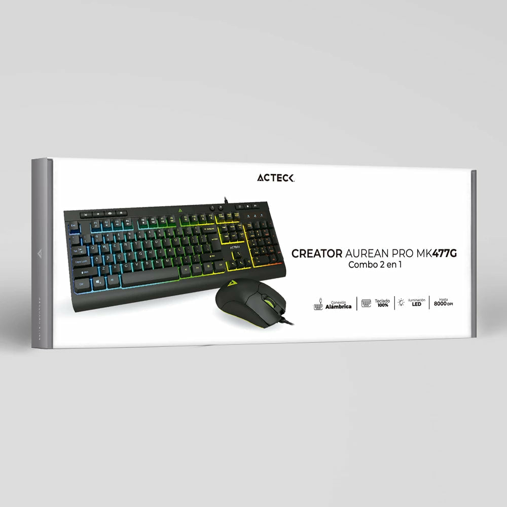 Acteck Aurean Pro MK477G teclado Ratón incluido Universal USB Negro, Alámbrico, Interruptor de membrana, LED