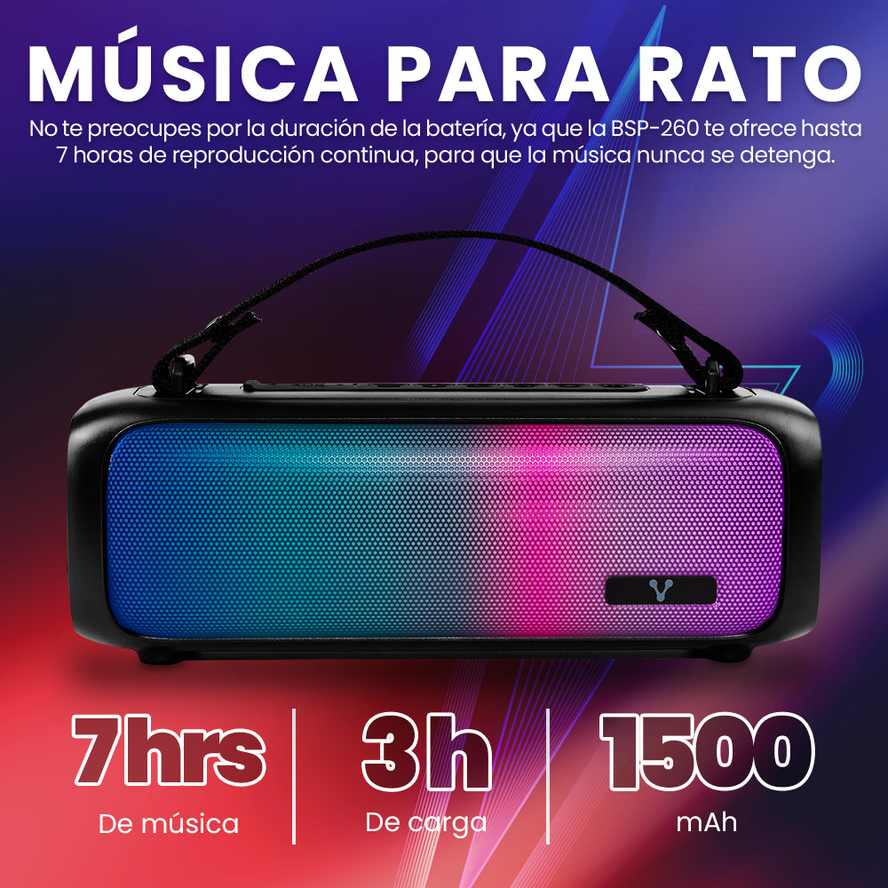 BOCINA VORAGO BSP-260 BLUETOOTH / USB / 3.5MM / LUZ RGB / TWS / 16W RMS CON HASTA 7 HRS AUTONOMIA