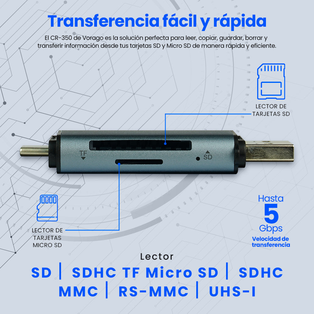 Vorago CR-350 lector de tarjeta USB 3.0 Type-A/Type-C Plata, MMC, MicroSD (TransFlash), SDHC