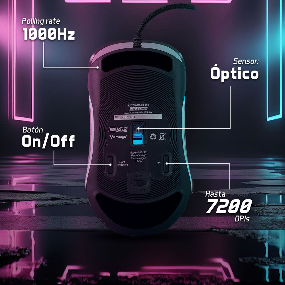 MOUSE VORAGO START THE GAME MO-505 ALAMBRICO RGB NEON HASTA 7,200 DPIS USB TRASPARENTE