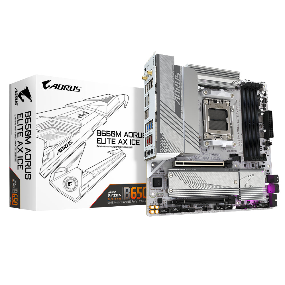 GIGABYTE B650M AORUS ELITE AX ICE Placa base - AMD Ryzen serie 9000, VRM de 12+2+2 fases, hasta 8000 MHz DDR5 (OC), 1xPCIe 5.0 + 1xPCIe 4.0 M.2, LAN 2,5 GbE, WIFI 6E, USB 3.2 Gen 2x2 placas base AMD Zócalo AM5 Zócalo AM5 DDR5-SDRAM