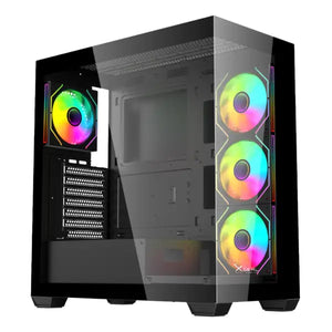 Gabinete Gamer Mid Tower Xzeal ATX Panel Der. Vidrio + Metal 2xUSB1.0 + 1xUSD3.0 + 3.5 mm + 4 ARGB Fans + 1 HUB Negro