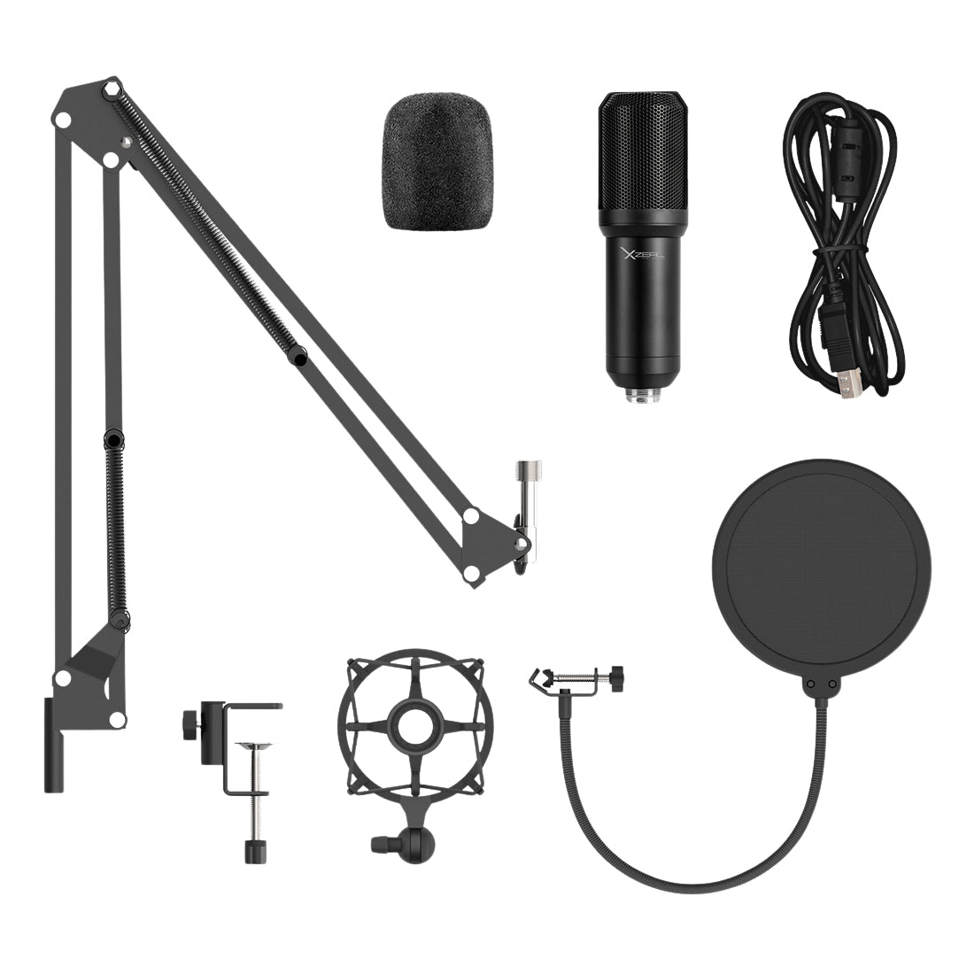 Kit de micrófono de condensador XZ-260 con filtro anti-pop soporte de brazo Conexión USB Negro