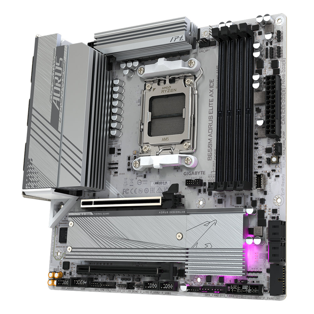 GIGABYTE B650M AORUS ELITE AX ICE Placa base - AMD Ryzen serie 9000, VRM de 12+2+2 fases, hasta 8000 MHz DDR5 (OC), 1xPCIe 5.0 + 1xPCIe 4.0 M.2, LAN 2,5 GbE, WIFI 6E, USB 3.2 Gen 2x2 placas base AMD Zócalo AM5 Zócalo AM5 DDR5-SDRAM