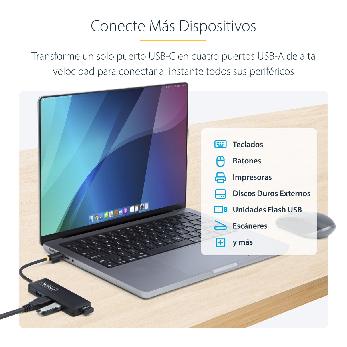 StarTech.com Hub USB-C de 4 Puertos - Ladrón USB Tipo C a 4 Puertos USB-A - Alimentado por el Bus - USB 3.0 de 5Gbps - H
