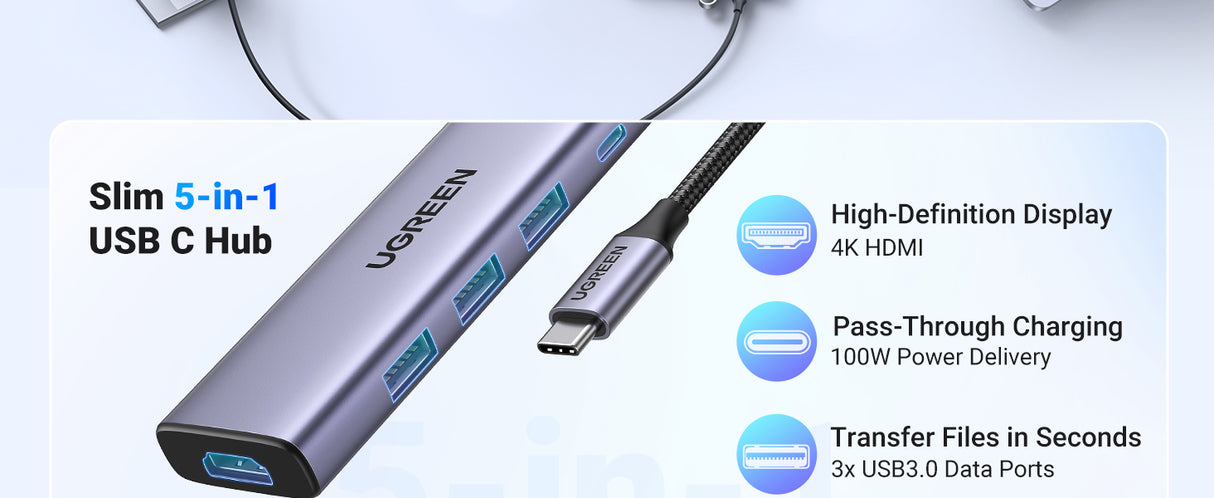 Ugreen 15596 base para portátil y replicador de puertos Alámbrico USB 3.2 Gen 1 (3.1 Gen 1) Type-A + Type-C Aluminio