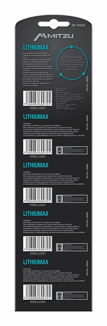 MITZU MP-CR2025 pila de uso doméstico Batería de un solo uso Litio, 5 pieza(s), 150 mAh