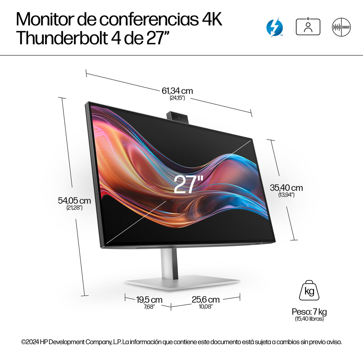 HP Monitor de videoconferencia 4K HP Pro de la serie 7 de 27 pulgadas: 727pm Monitor 68,6 cm (27") 3840 x 2160 Pixeles 4K Ultra HD Edge LED Negro
