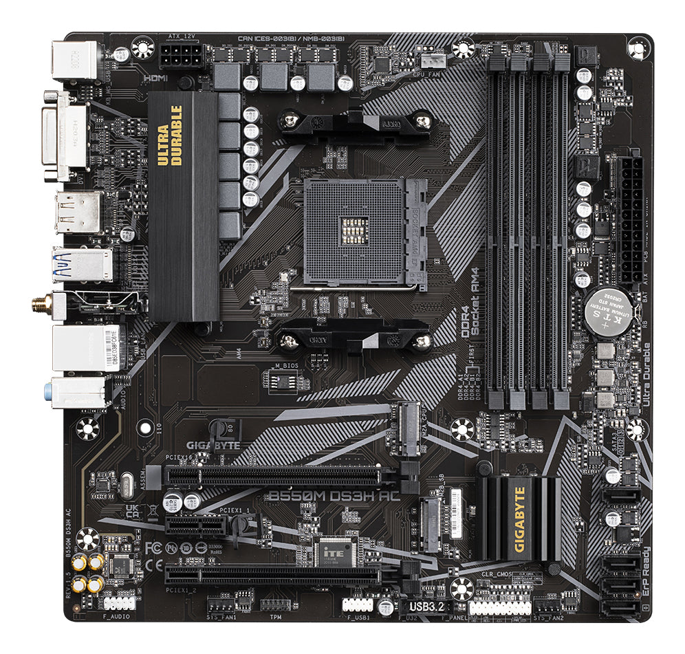 GIGABYTE B550M DS3H AC Placa base - Procesadores AMD Ryzen 5000, VRM de 5+3 fases, hasta 4733 MHz DDR4, 1xPCIe 4.0 + 1xPCIe 3.0 M.2, Wi-Fi 5, LAN 1GbE, USB 3.2 Gen 1 placas base AMD Zócalo AM4 Zócalo AM4 DDR4-SDRAM