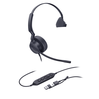 UH44-MONO-TEAMS-USB-C/A - Auriculares Mono USB / Cancelación de Ruido AI Dual-Mic / Altavoz 35 mm / USB-C con Adaptador A / Indicador de Ocupado / Microsoft Teams