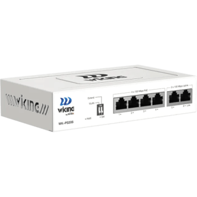 WK-PS206 - Switch PoE No Administrable / 4 Puertos 10/100 Mbps PoE af/at / 2 Puertos Uplink 10/100 Mbps / Presupuesto PoE 45 W / Alcance Extendido 250 m (820.2 ft)