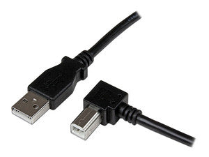 Cable USB 2.0 de tipo A (M) a tipo B (M) en ángulo derecho, 1.8 m, transferencia de datos hasta 480 Mbps.