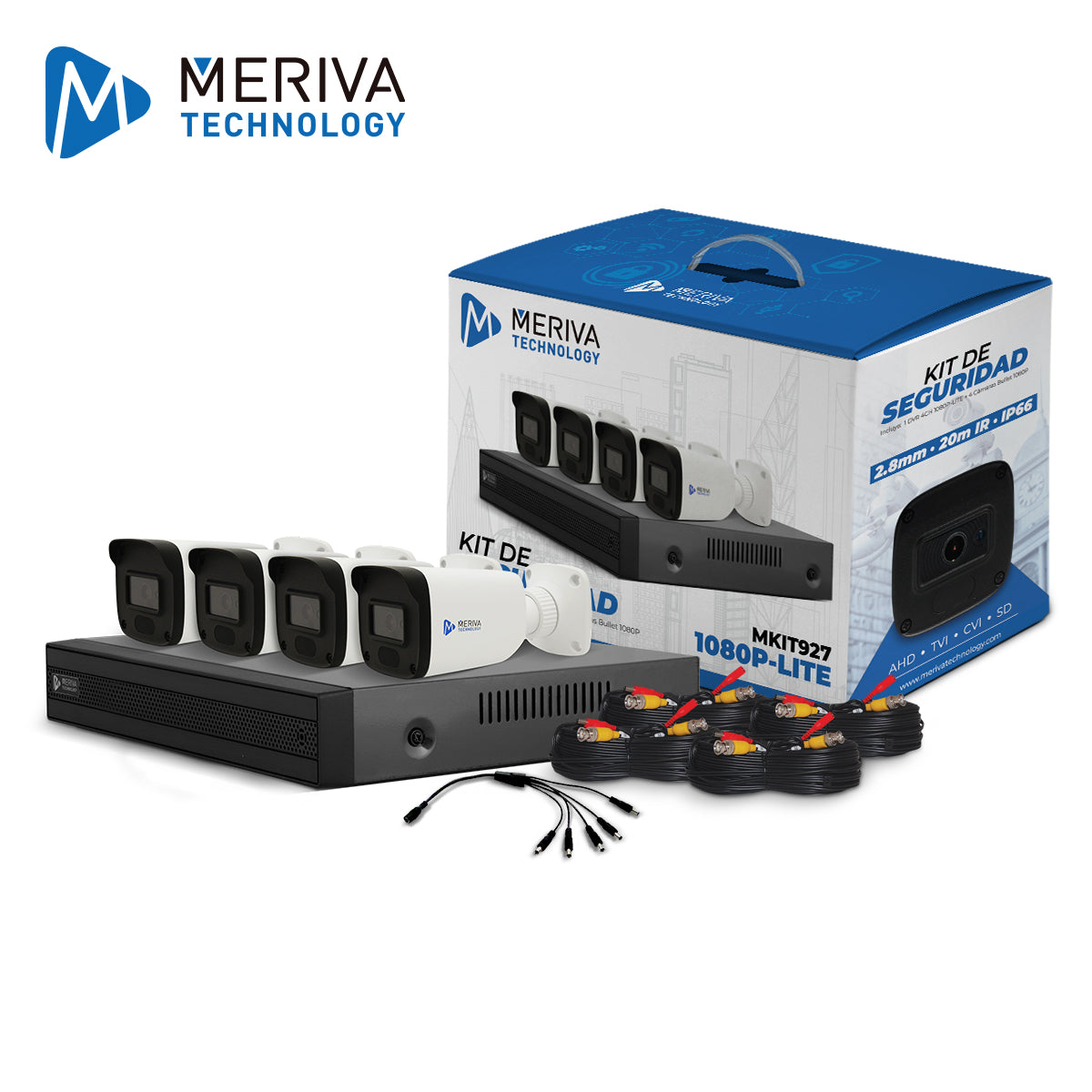 Meriva Technology Kit 4x4 MKIT927, 1 DVR 4CH 1080P, 4 Cámaras 2MP, PoE