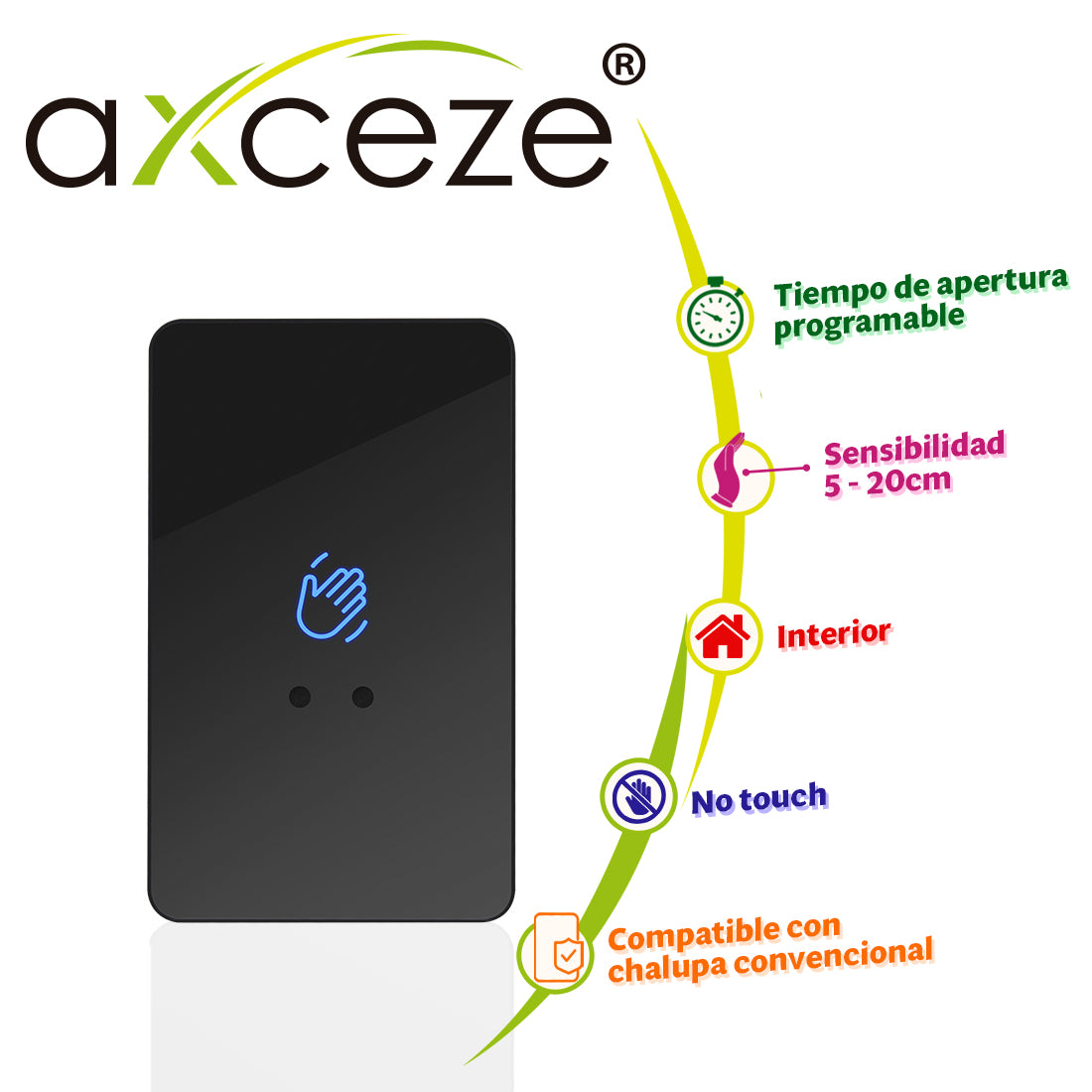 AXCEZE Botón De Salida Sin Contacto AX-B100, Distancia De Detección 5-20 cm, LED Indicador, Retraso Ajustable