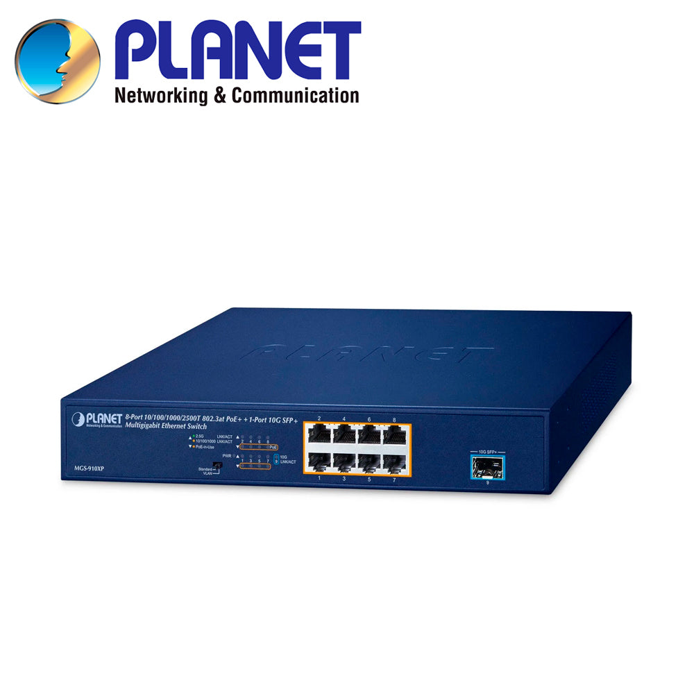 Planet Switch PoE No Administrable MGS-910XP, 8 Puertos RJ45 PoE AF/AT, 120W PoE, 1 Puerto SFP+ 10Gbps
