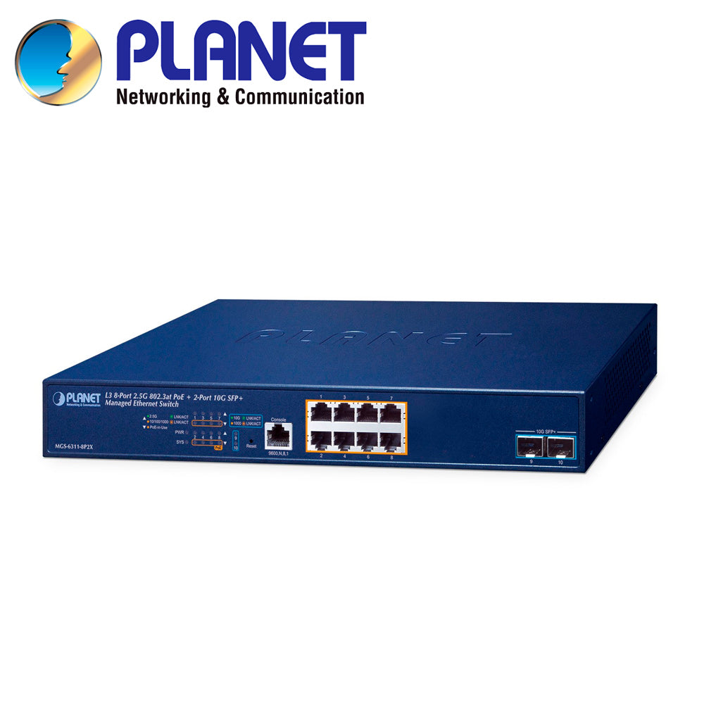 PLANET SWITCH PoE Administrable MGS-6311-8P2X, 8 Puertos RJ45 PoE 10/100/1000Mbps, 2 Puertos SFP+ 1/10Gbps, 150W PoE