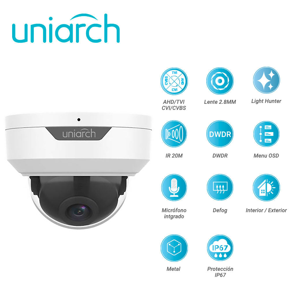 UNIARCH BY UNV Cámara Domo UAC-D122-AF28M-H, 2MP, IR 20M, IP67, 12V