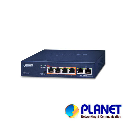 PLANET Switch No Administrable FSD-604HP, 6 Puertos RJ45 10/100 Mbps, 4 Puertos PoE 30W