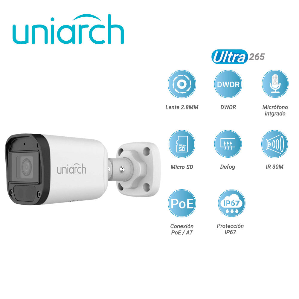 UNIARCH BY UNV Cámara IP Bullet IPC-B122-APF28K, 2MP, IR30M, PoE, IP67