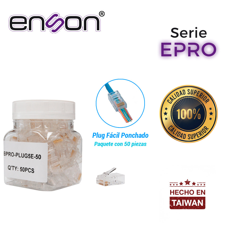 Enson EPRO-PLUG5E-50, Bote de 50 Pzs, Compatible con UTP Cat5e, Sistema de Paso de Cables